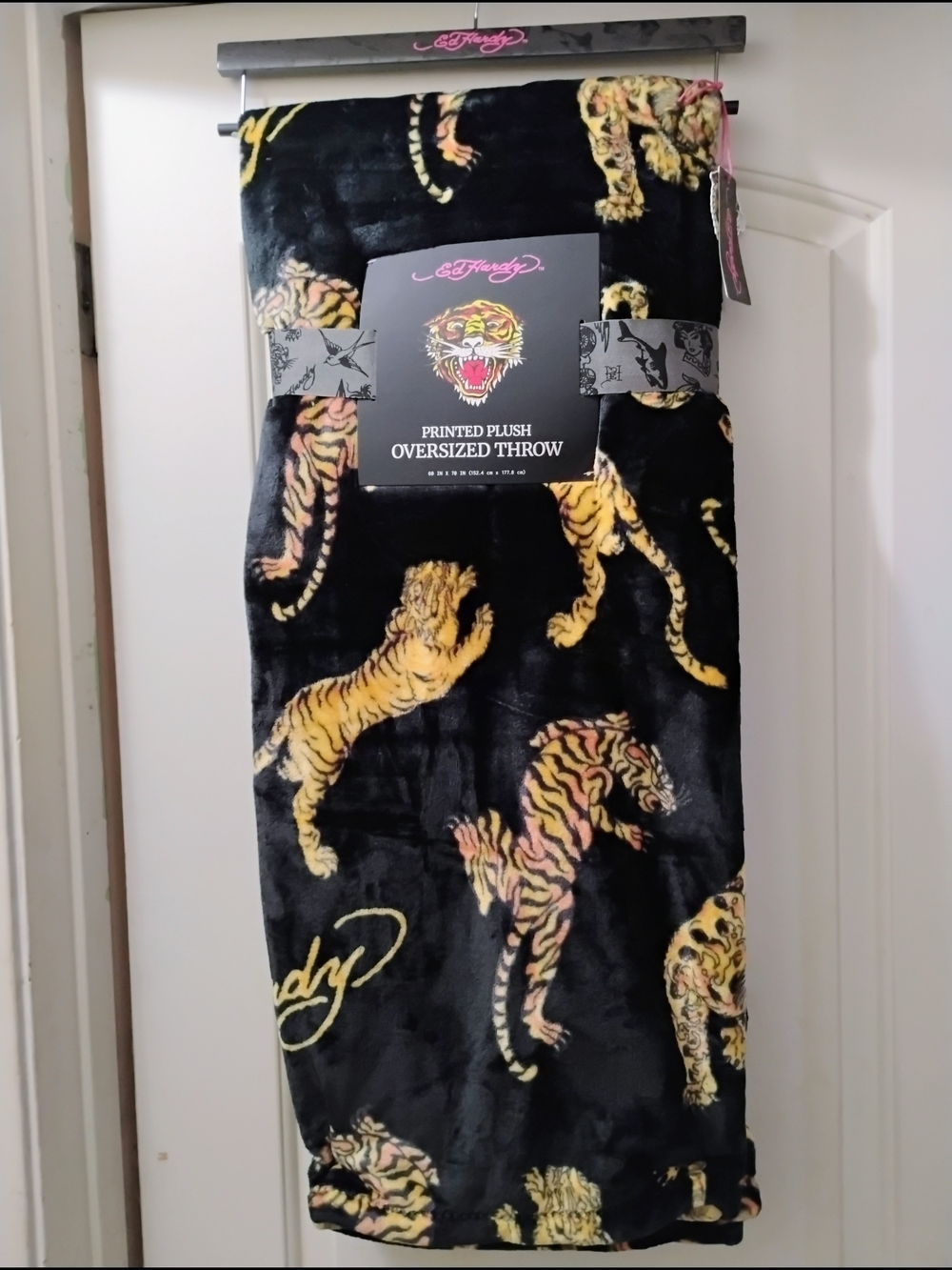 Ed Hardy Black Plush Throw with Yellow and Orange Tiger Print 60/70